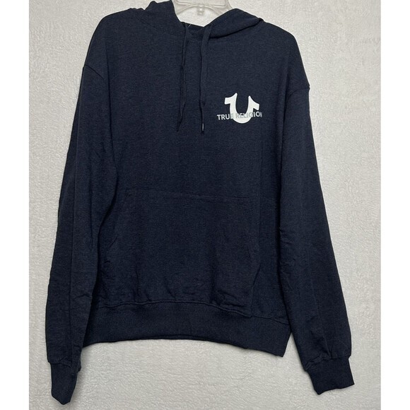 True Religion Jeans Hoodie Pullover Blue Horseshoe Logo Spelled Out Size L NWT - Picture 2 of 6